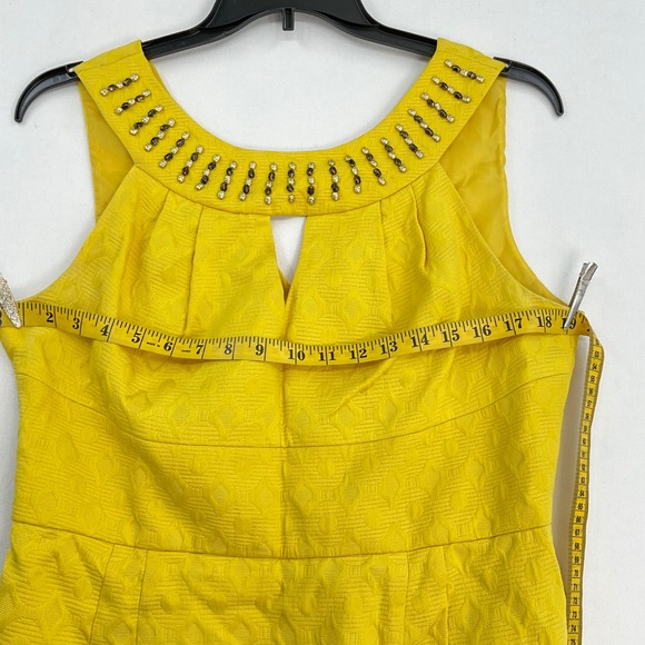 Muse Yellow Textured Jacquard Embellished Neckline Sheath Dress Size 14 - Picture 2 of 7